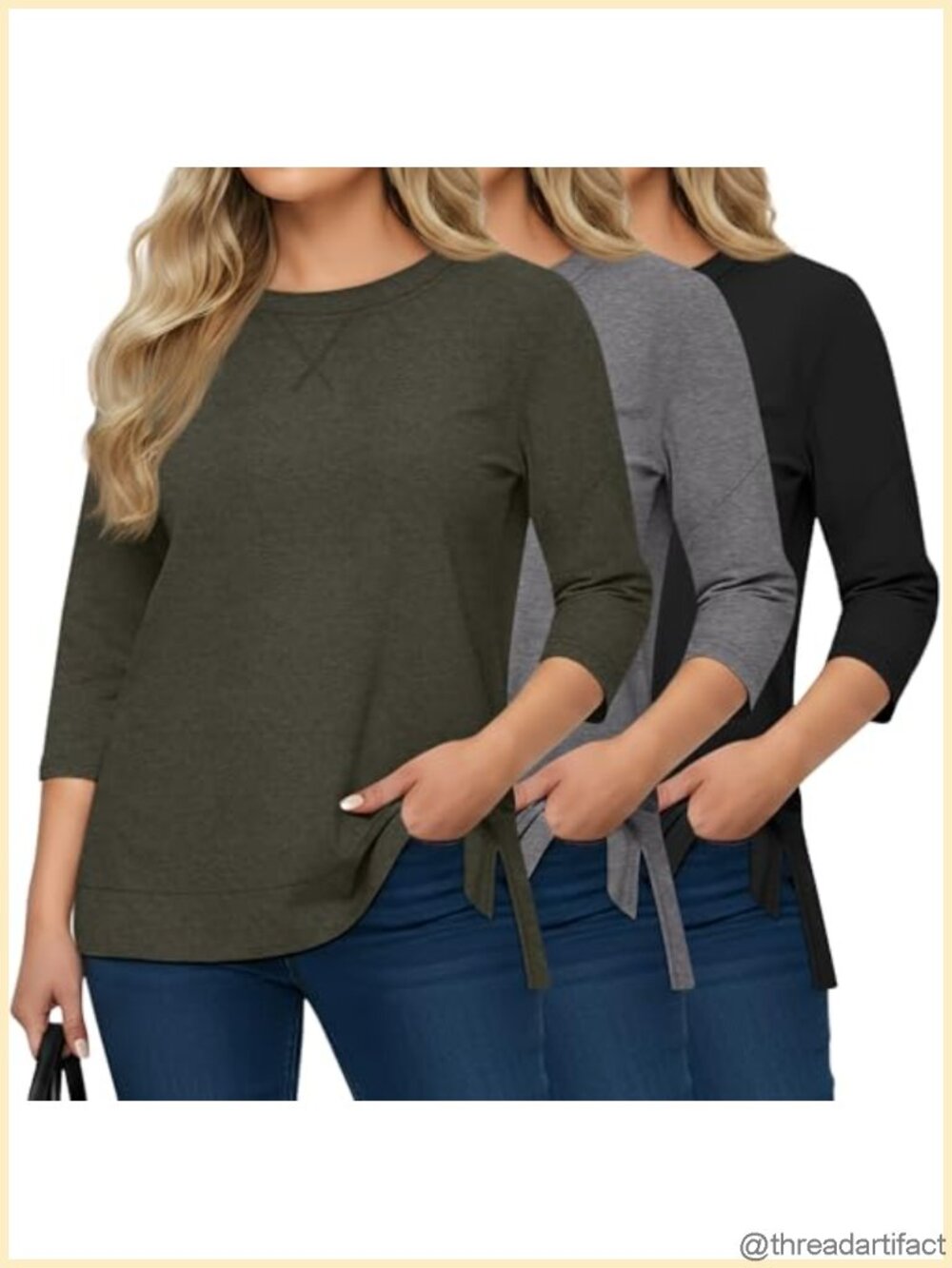 Women's Plus Size 3/4 Sleeve Tunic Tops 3 Pack Round Neck Loose Fit